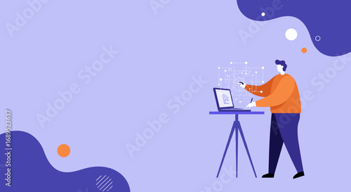 Professional interacting with a dynamic digital interface and laptop, symbolizing data analysis, technology, innovation, and business development.