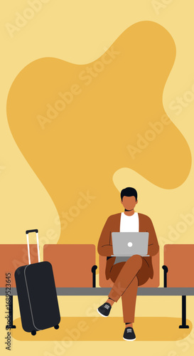 A focused man works on his laptop in a minimalist airport waiting area, with luggage nearby. Ideal for concepts of business travel, remote work, and digital connectivity.
