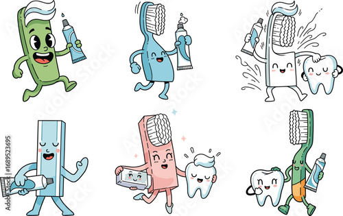Cartoon toothbrush and toothpaste, cute dental care illustration, happy tooth character, oral hygiene design, smiling dental tools, funny health vector