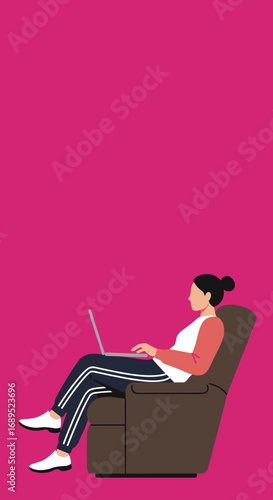 Woman comfortably working or studying from home on her laptop in a recliner chair, representing remote work, online education, and modern lifestyle productivity.