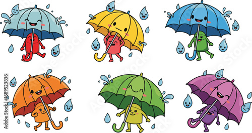 Cartoon umbrella character illustration with raindrops, colorful parasol, cute rainy season artwork, funny weather design, happy umbrella mascot drawing