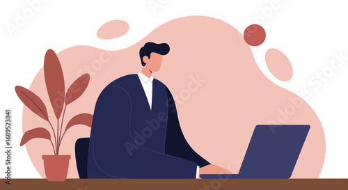 Professional businessman working diligently on his laptop at a modern office desk, symbolizing productivity and remote work. Ideal for business and technology themes.