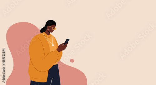 Modern Black woman focused on her smartphone. Captures digital communication, social media, and technology use for business or daily life.