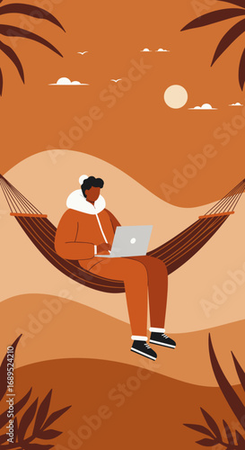 A person works remotely on a laptop, relaxing in a hammock amidst a warm, tranquil outdoor landscape. Ideal for digital nomad, travel, and flexible lifestyle concepts.