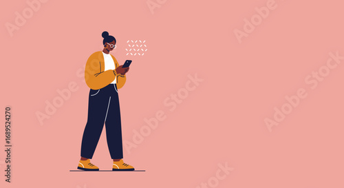 Stylish woman in glasses engrossed in her smartphone, connecting digitally. Represents modern communication, social media, and technology usage in everyday life.