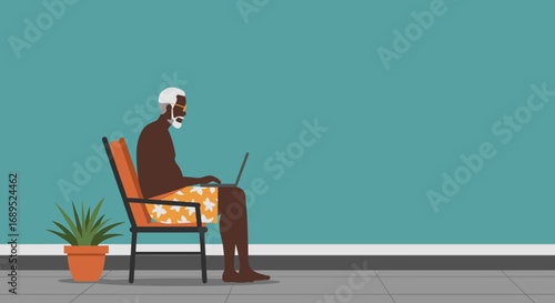 Mature man enjoying a relaxed digital lifestyle, working on his laptop from a sunny patio. Represents retirement, remote work, or vacation.