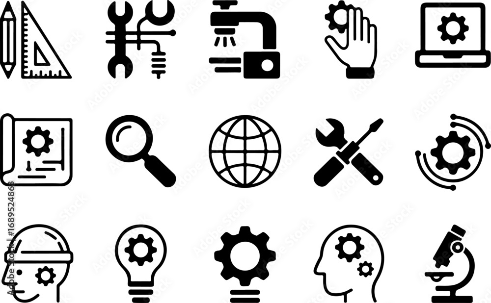 Fototapeta premium Engineering & Technology Tools Vector Graphic Bundle – Gear, Wrench, Tech Icons