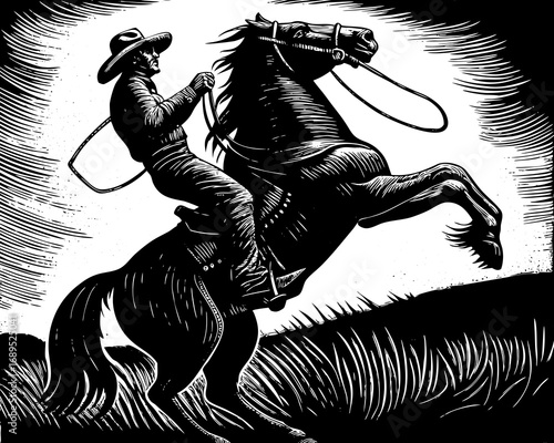 Dynamic western cowboy taming a rearing horse in a dramatic black and white illustration
