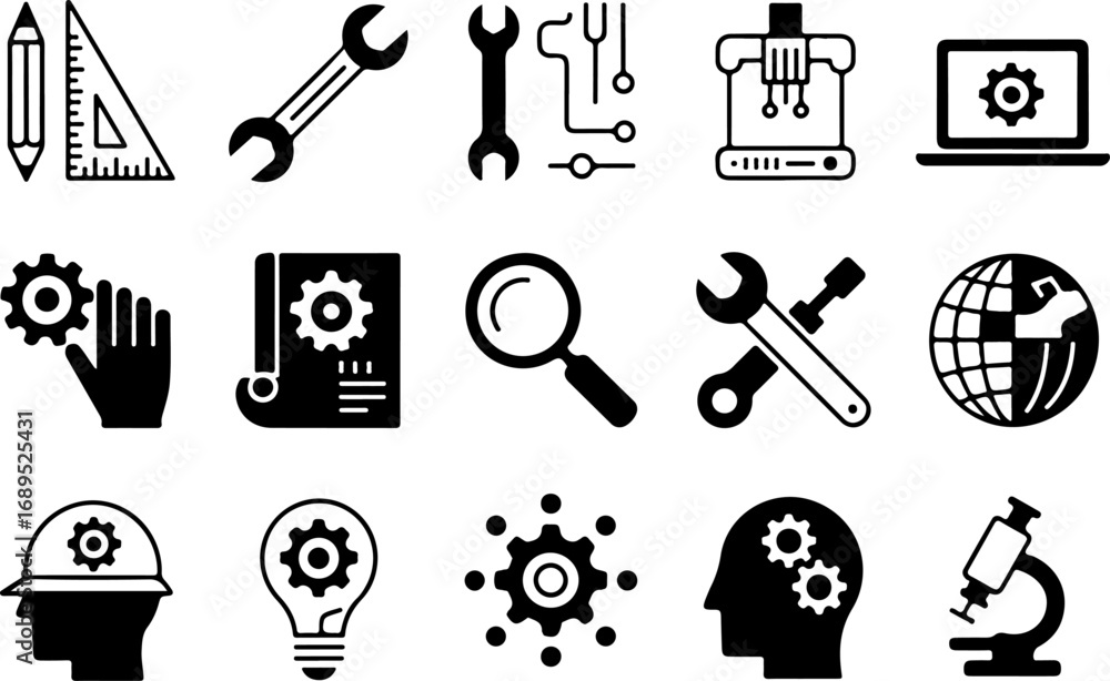 Fototapeta premium Engineering & Technology Tools Vector Graphic Bundle – Gear, Wrench, Tech Icons
