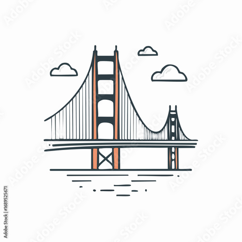 Firefly A friendly and modern, black and white icon of the Golden Gate Bridge, drawn with a single, thick line style
