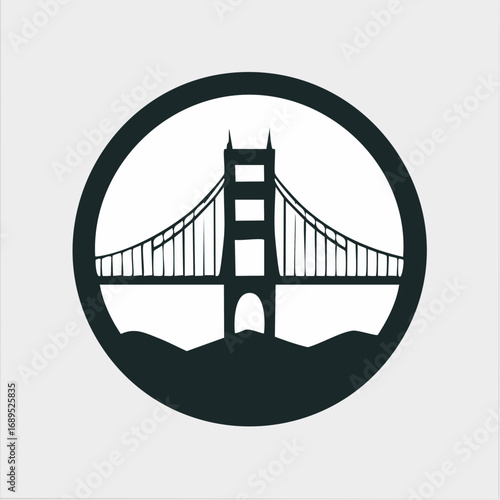 Abstract minimalist vector icon of the Golden Gate Bridge within a circle representing travel and architecture