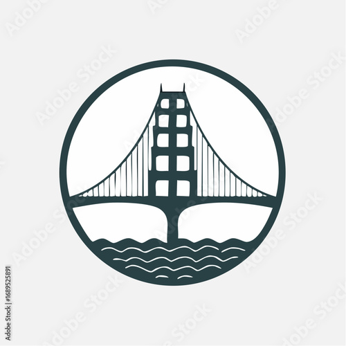 A minimalist vector emblem illustrating an iconic suspension bridge spanning water within a clean circular frame, perfect for travel and architecture concepts
