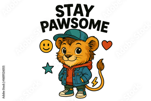 Character wearing a cap and denim jacket with playful expression displays message in colorful design
