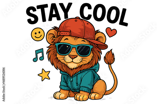 Fun and playful cartoon lion wearing sunglasses and a cap, promoting a carefree lifestyle with vibrant colors and cheerful elements