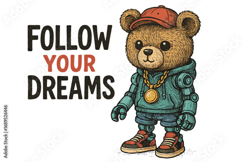 Creative robot bear character encouraging positivity in a vibrant urban setting with an inspiring message