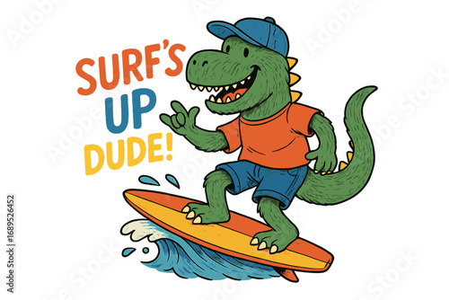Surfing dinosaur character in vibrant colors enjoys a wave while giving a cool gesture at the beach
