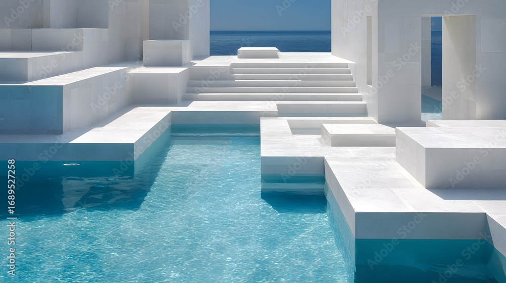 Fototapeta premium Sleek Minimalistic Pool Structure Showcasing Tranquil Blue Waters and Refined White Edges with Innovative Geometric Forms, Creating a Serene and Invigorating Retreat Atmosphere