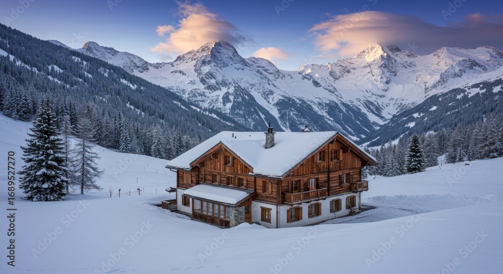 Fototapeta premium Wooden cabin in snowy mountains