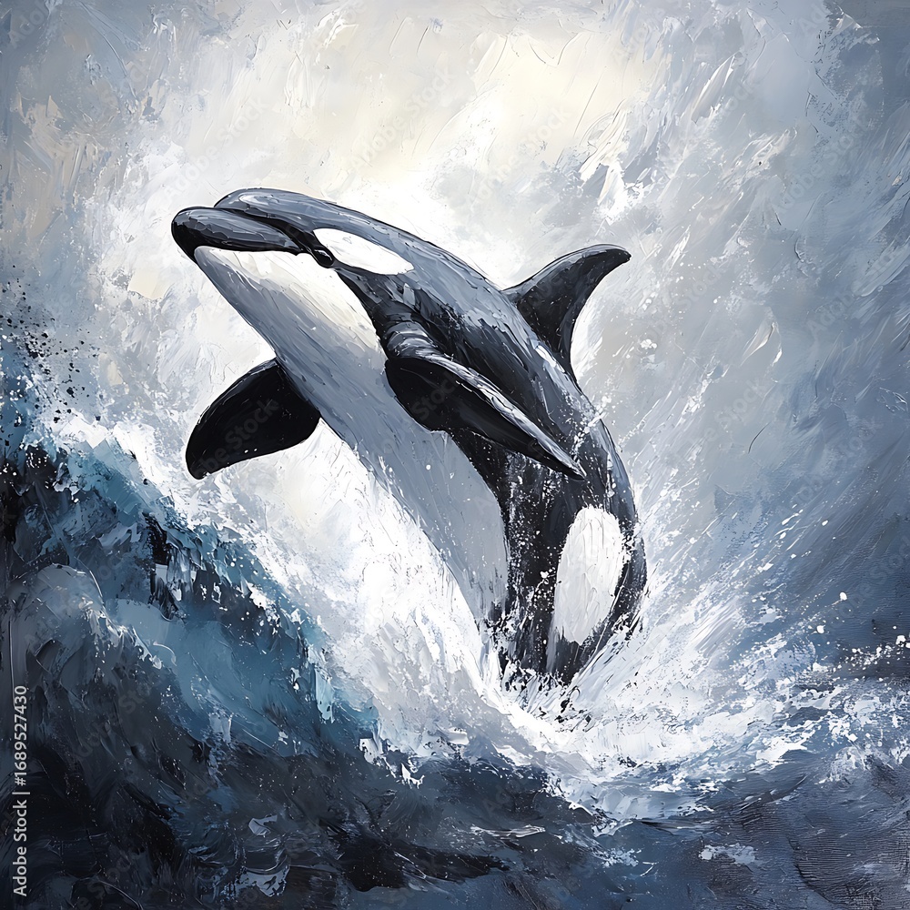 Obraz premium Orca whale breaching through turbulent ocean waves in artistic style killer whale photo