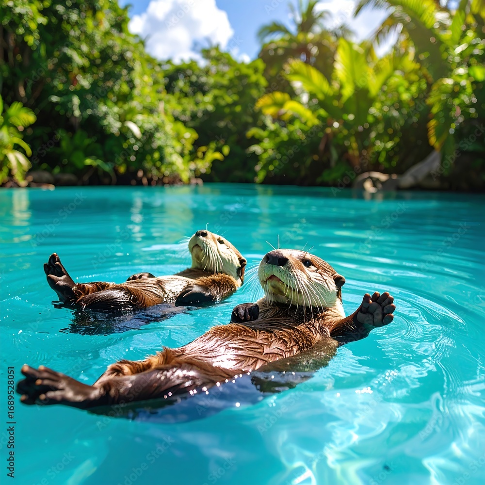 Fototapeta premium Two otters floating in a tropical lagoon