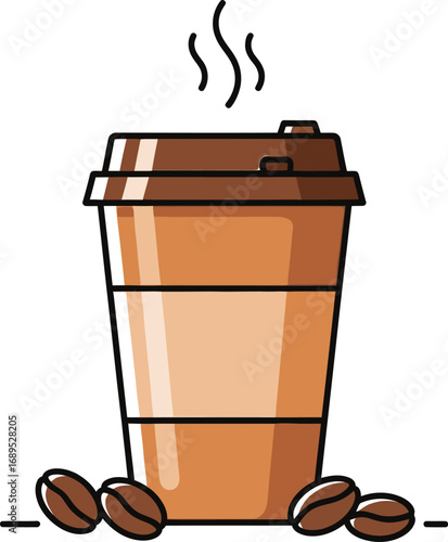 Disposable coffee cup with coffee beans and steam isolated on white background, perfect for a quick caffeine fix