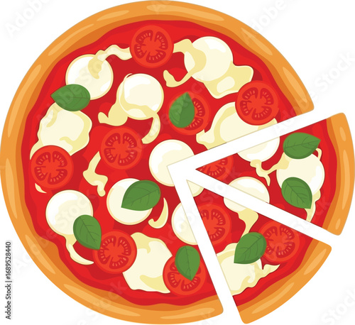 Delicious pizza with tomatoes, mozzarella, and basil, with a slice cut out, isolated on white background