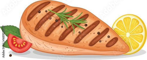 Grilled chicken breast with lemon, tomato, and rosemary isolated on white background is ready to eat