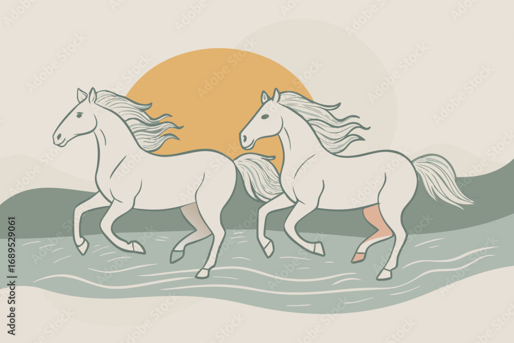 Fototapeta premium Two white horses running along seashore, sun shining, feeling of freedom and love