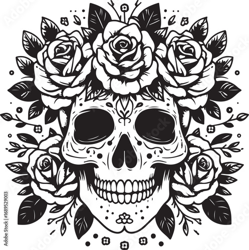 Elegant Black and White Skull Adorned with Roses and Leaves