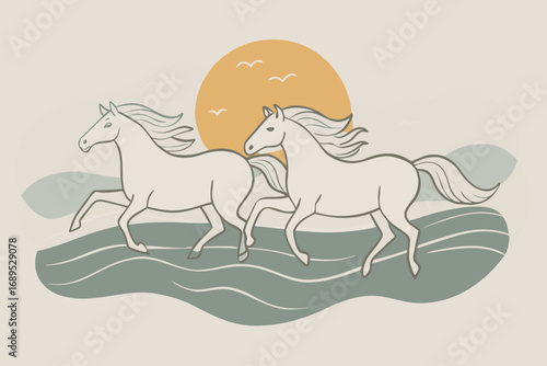Two white horses running along seashore, sun shining, feeling of freedom and love