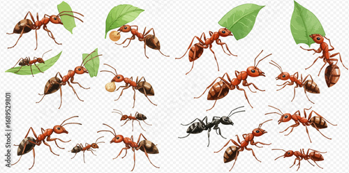 A collection of illustrated red and black ants in various poses, some carrying green leaves and food items.