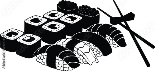 Delicious sushi set with chopsticks isolated on white background, a classic japanese culinary experience