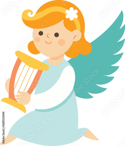 Cute Cartoon Angel Playing Harp with Wings and Flower in Her Hair