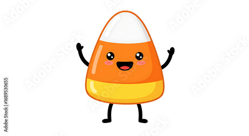 Joyful cartoon candy corn character with a smiling face and waving arms. Festive Halloween treat vector illustration isolated on a white background