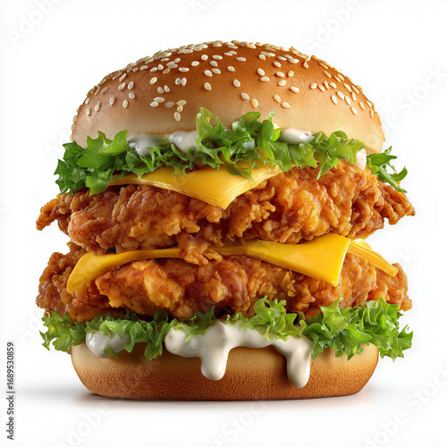 Ultra realistic 8K food photography of a double zinger burger with two crispy golden fried chicken fillets stacked, fresh lettuce, melted cheese, mayonnaise, and sesame seed bun, isolated on a pure wh