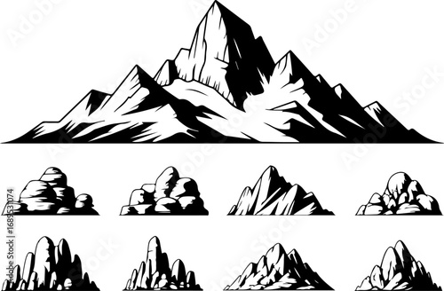 ountain and Rock Silhouette Vector Graphic Bundle – Nature Landscape Clipart Set