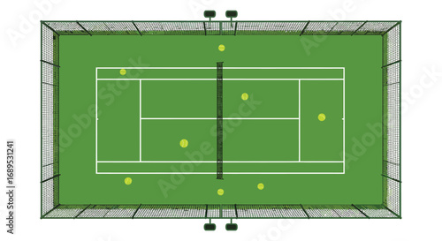 aerial view of tennis court with players and balls