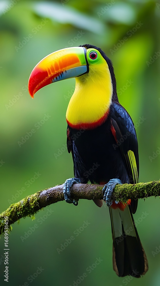 Obraz premium Portrait of a vibrant toucan with a large, multi-colored beak on a mossy branch bird photo