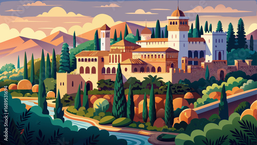The Alhambra in Granada, Spain, glows with ornate stucco, calligraphy, and delicate arches, a Moorish masterpiece surrounded by lush gardens of Generalife reflecting Andalusian elegance.