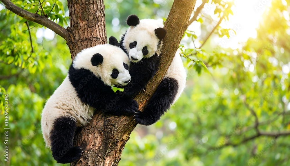 Obraz premium Two panda cubs in a tree