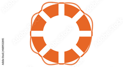 a bright orange lifebuoy with white stripes and rope handles
