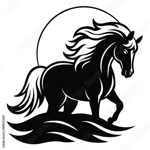 Adobe Ill Horse Head Silhouette - Stylized Cut Out Vector Constrictor Artwork Ultra-detailed white stallion galloping through shallow turquoise surf, splashes sparkling under golden sunset light, blur