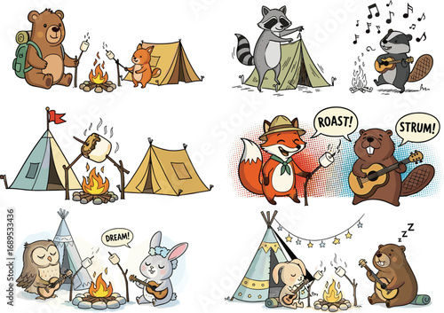 Cartoon Animals Camping, Campfire Songs, Bear, Squirrel, Raccoon, Fox, Bunny, Owl, Guitar, Marshmallow Roasting, Fun, Outdoor Adventure, Forest, Night Camping, Kids, Playful