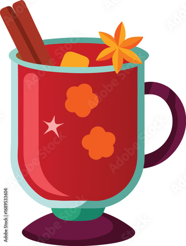 Festive Red Mug with Mulled Wine Cinnamon Sticks and Star Anise Illustration
