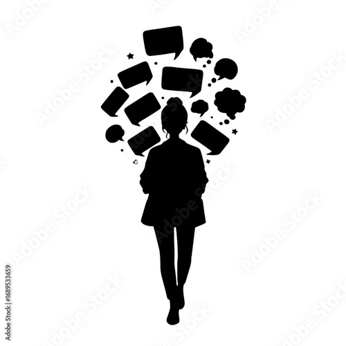 Stylish woman surrounded by speech bubbles, capturing communication, thoughts, and modern social media engagement in a vector design