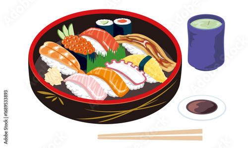 寿司桶とお茶の和食セットイラスト(Sushi Bowl with Green Tea Illustration)