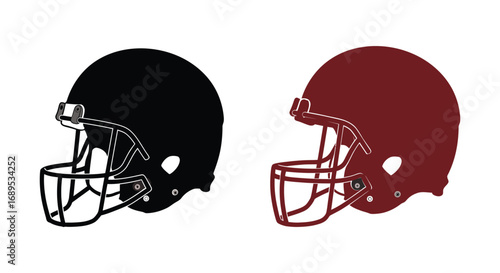 football helmets in black and maroon colors side by side