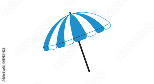 beach umbrella with blue white stripes standing upright