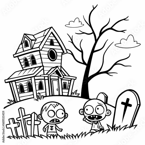 Simple black and white Halloween animation with zombies are coming out from a graveyard and a haunted house.vector illustration of coloring page black and white