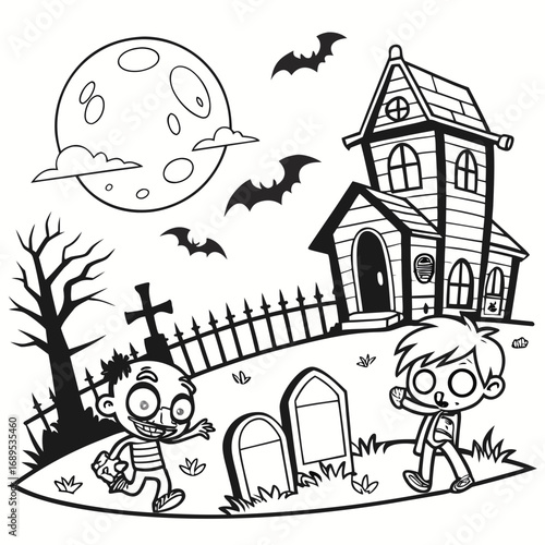 Simple black and white Halloween animation with zombies are coming out from a graveyard and a haunted house.vector illustration of coloring page black and white